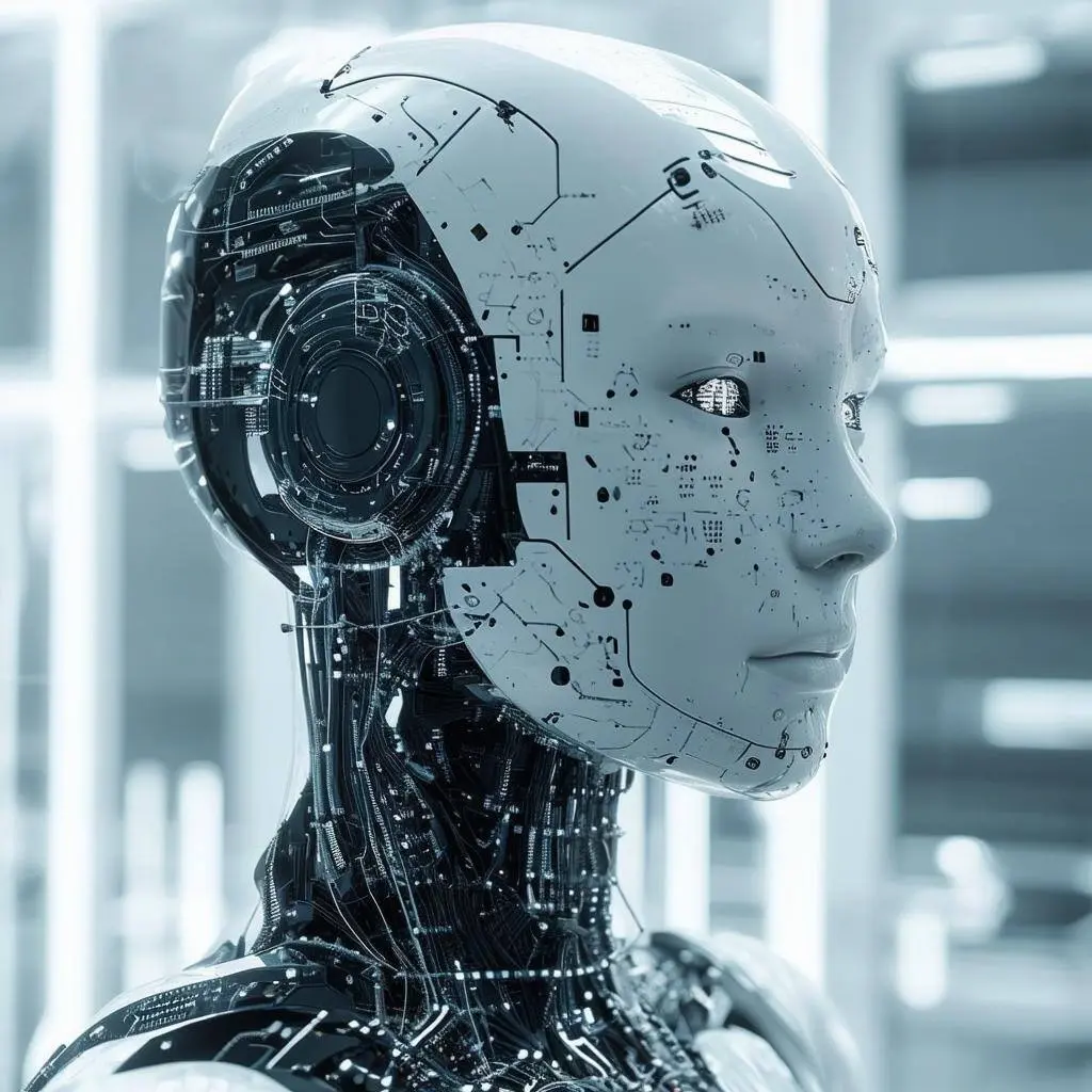 Futuristic humanoid robot with cybernetic components, symbol of artificial intelligence and automation in software testing.