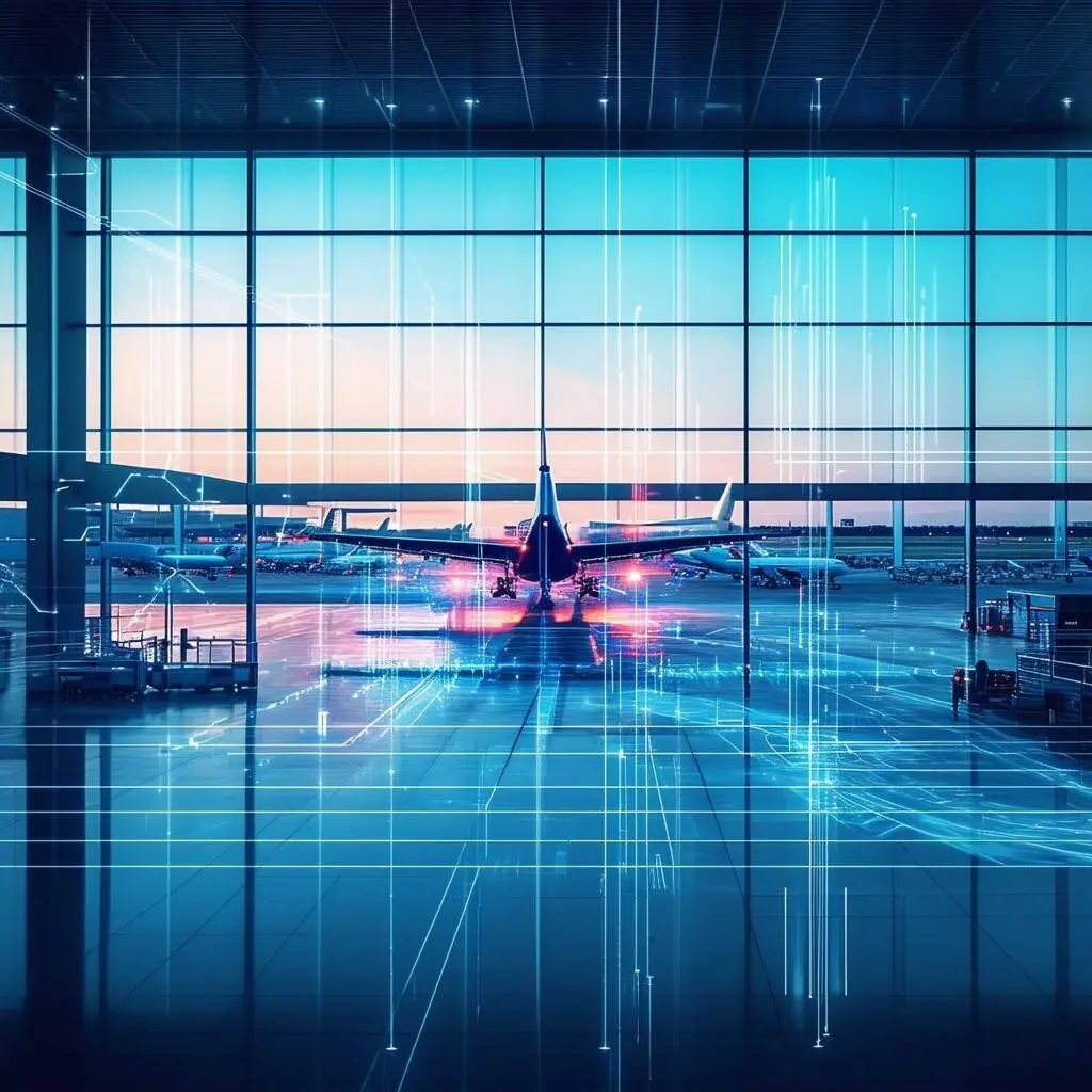 A modern airport terminal with large glass windows through which several airplanes can be seen, combined with a futuristic digital display of data streams.