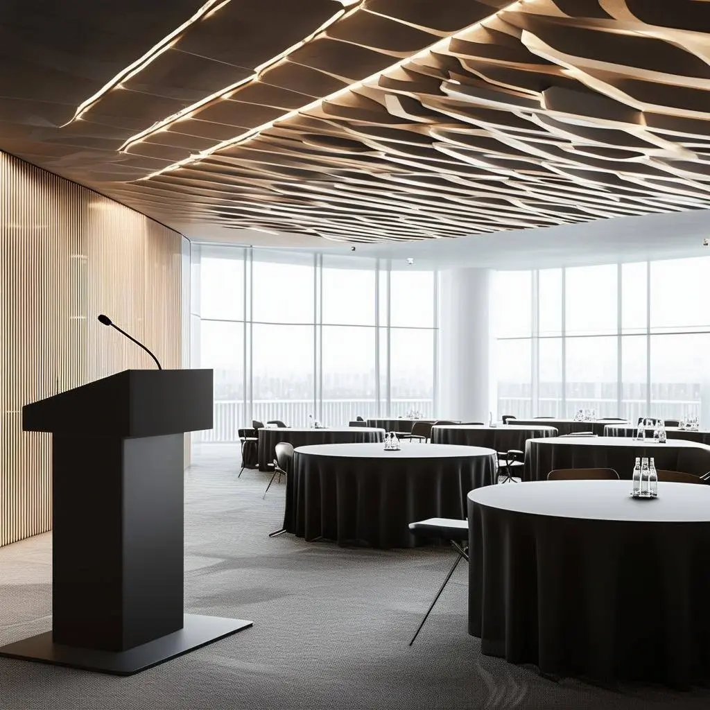 Modern conference room with lectern and round tables, prepared for the 50th meeting of the Test, Analysis and Verification 2024 specialist group.